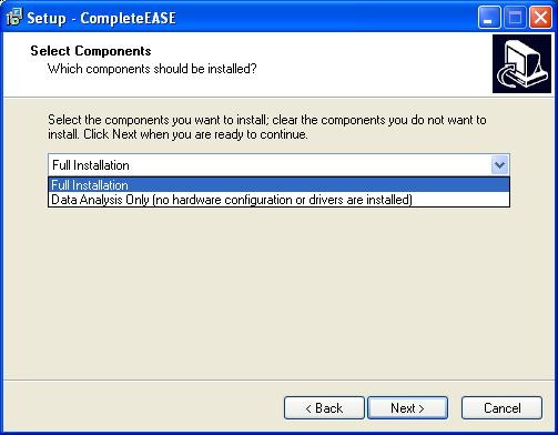 CompleteEASE Setup choices. The software can be installed for use with an alpha-se system or for data analysis only.