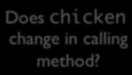 Pass by Value: Objects What happens in this case? methodname(chicken); chicken = c = x00ffbb x00ffbb weight = 3.