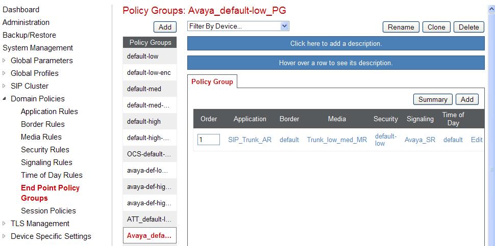Select Add Group a) Name: Avaya_default-low_PG b) Application Rule: SIP_Trunk_AR (created in Section 7.4.