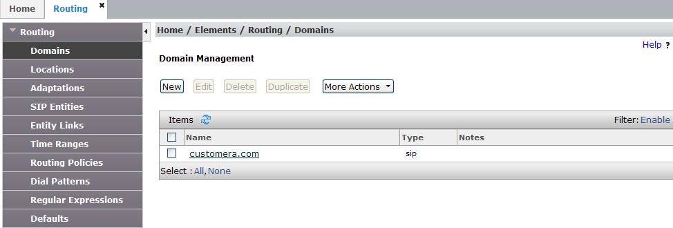 5.1. SIP Domain Step 1 - Select Domains from the left navigation menu. In the reference configuration, domain customera.com was defined. Step 2 - Click New (not shown).