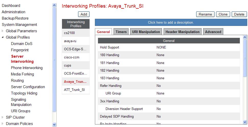 7.3.2. Server Interworking AT&T Repeat the steps shown in Section 7.3.1 to add an Interworking Profile for the connection to AT&T via the public network. 1.