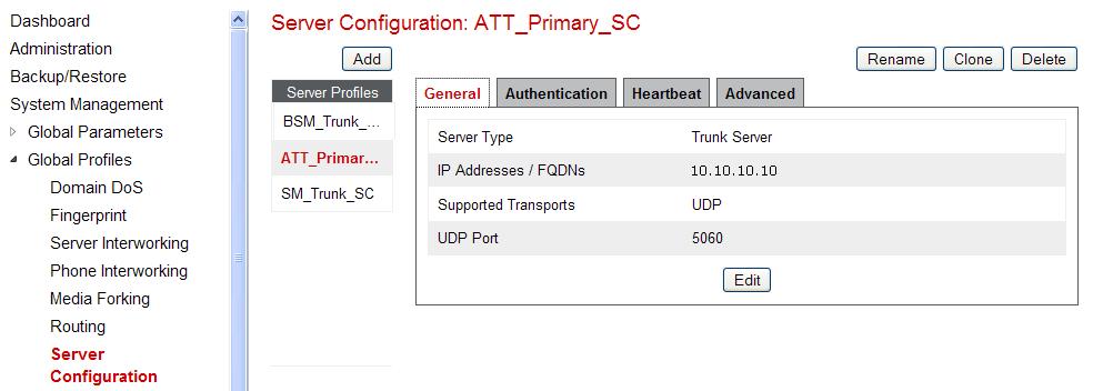 7.3.7. Server Configuration AT&T Note The AT&T IPFR-EF service may provide a Primary and Secondary Border Element. This section describes the connection to a single (Primary) Border Element.