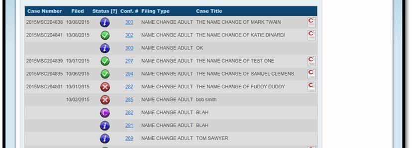For created cases, or filings on existing cases, the case number will be displayed.