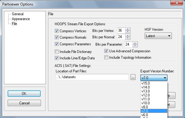 In Hoops, from the pull-down menu Tools>Options change the Export Version Number to v7.0 and save the file. Notice that the highest version listed is v15.0. ACIS is now beyond that version, so you might get a file that you cannot convert to v7.