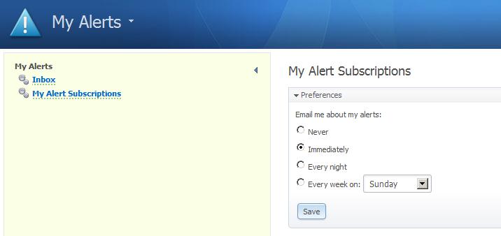 My Alerts Inbox The My Alerts Inbox lists all of the alerts that the user has created as well as any administrator alerts.