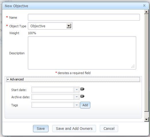 New Objective: creates an objective under a balanced scorecard object that you have selected. Name and Object Type are required and Description is optional.