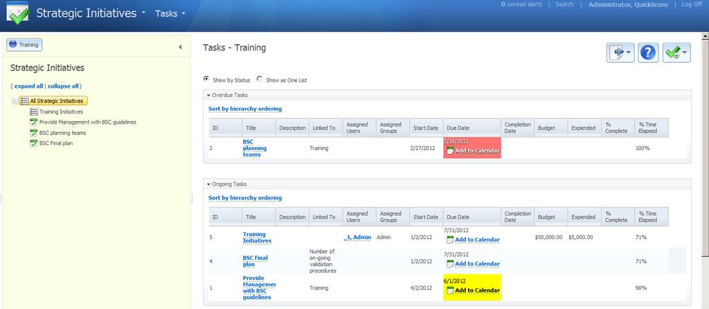Tasks Subsection: The Tasks subsection will display any overdue, ongoing, completed, or archived tasks that have been created.