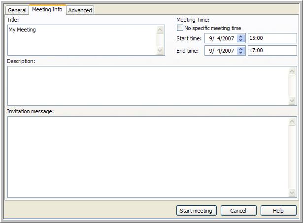 Figure 3-2 Meeting Info Options Tab Title: The meeting title is included in IM and e-mail meeting invitations and is displayed in the Meeting List window.