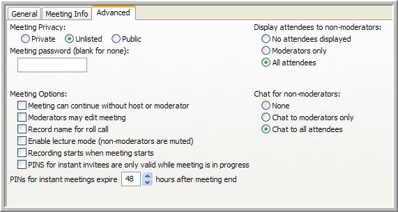 Figure 3-3 Advanced Options Tab Meeting Privacy: You have three options for privacy settings: Private: Private meetings do not show up in meeting lists (unless you are an invitee or it is your own