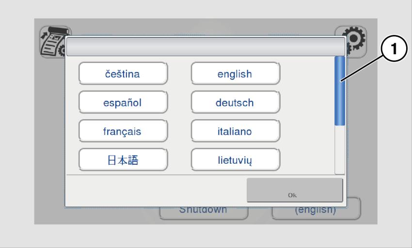 A window for selecting the language appears. To display more languages, slide the scroll bar (1) downward.