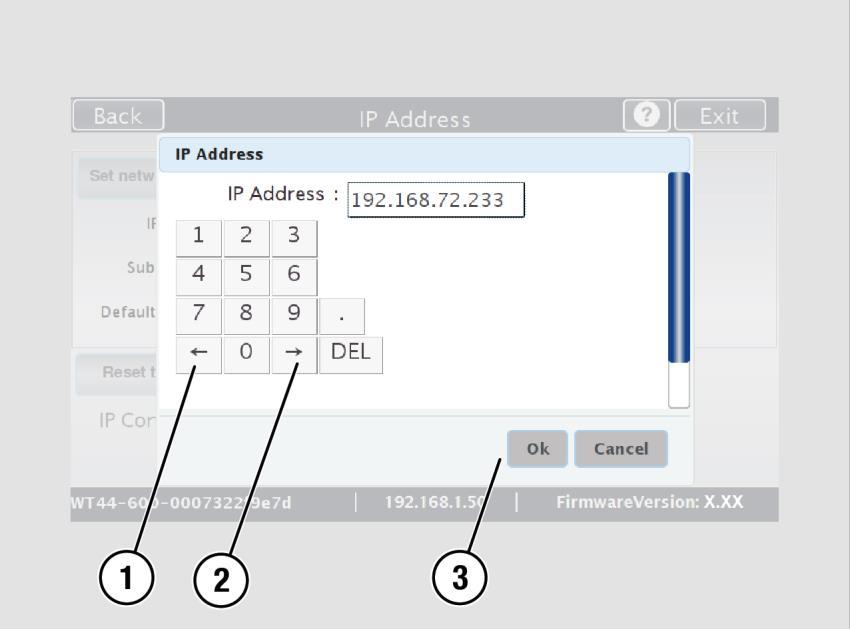 The arrow keys left (1) and right (2) next to the number "0" move the cursor within the chosen row.