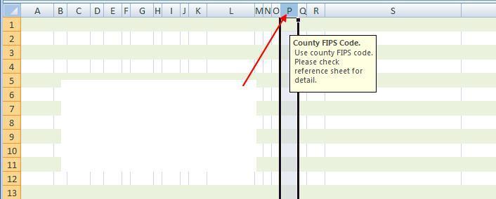 The column defaults to a 1 Column P: County FIPS Code