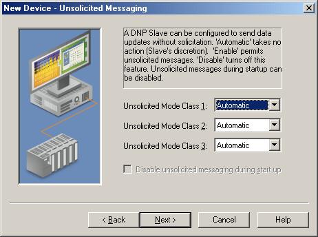 9 Unsolicited Messaging The Unsolicited Messaging dialog is used to specify whether the DNP slave will send class 1, 2, and 3 unsolicited data updates.