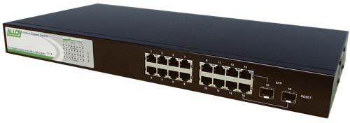 1.4. Overview of 16/24 Port Gigabit Switches Fig. 1.1: Front View of the GSS-16T2SFP Switch 1.4.1. User Interfaces on the Front Panel (Button, LEDs and Plugs) There are 16x (GSS-16T2SFP model) or 24x
