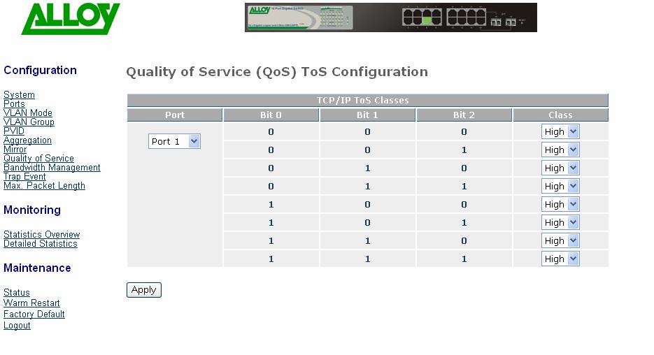 Parameter Quality of Service (QoS) VLAN Tag Configuration: * Used for setting up QoS based on VLAN tags. Port: * Select the port which your bit mapping will apply.