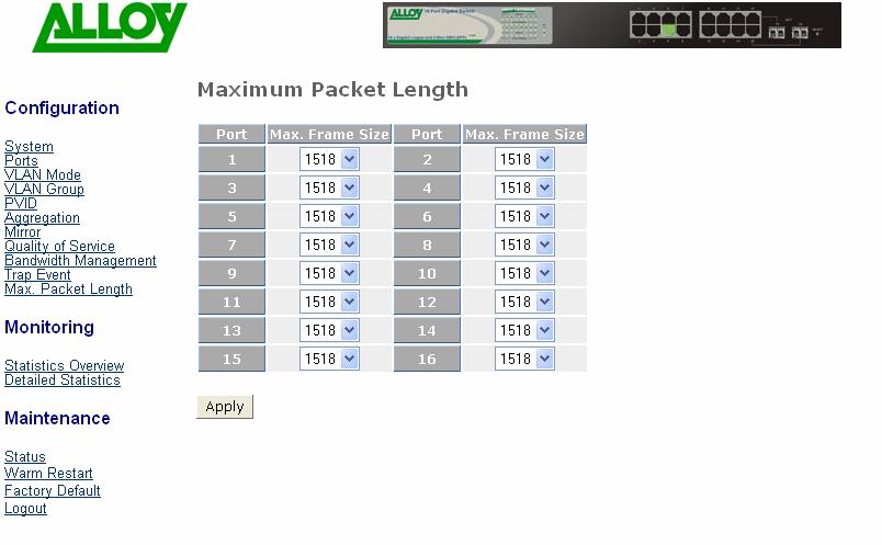 3.2.11. Maximum Packet Length Function Name: Maximum Packet Length Function The switch is capable of dealing with 9k Jumbo Frames.