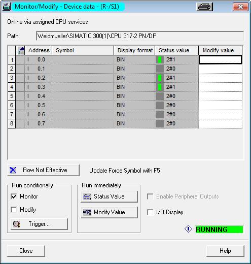 In this dialog, select Monitor and then, you can see the status value of each address. Please refer to the PROFINET Cyclic I/O data table to see the meaning of each bit. For example, address 0.