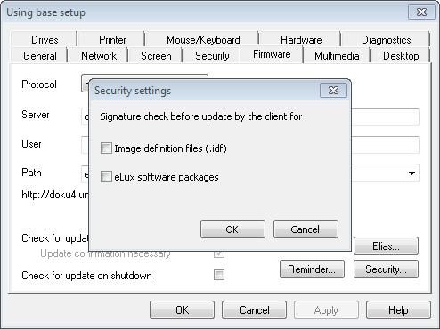 Activating signature check 1. In Setup > Firmware, click Security... 2. Under Signature check before update, select the Image definition file option and/or the elux software packages option. 3.