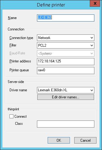 5.10.2. Defining a network printer 1. In the device configuration, on the Printer tab, click New. 2. In the Define printer dialog, type a name for the network printer. 3.