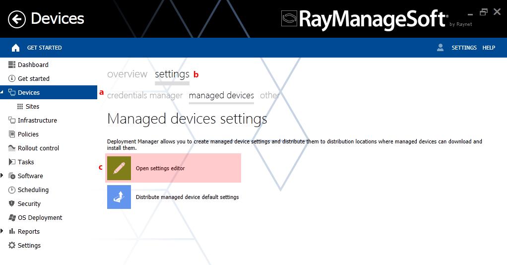 The Managed Device Settings Console is displayed. 2) You have to edit the default settings package: a.