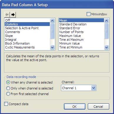 Click the column header in the Data Pad window to set up the calculation for the channel of interest.
