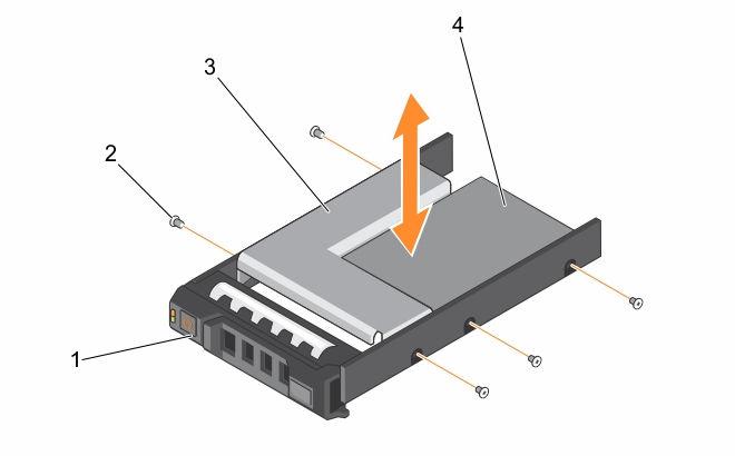 Figure 25. Removing and installing a 3.5-inch hard drive adapter into a 3.5-inch hot swappable hard drive carrier 1. 3.5-inch hot swappable hard drive carrier 2. screw (5) 3. 3.5-inch hard drive adapter 4.