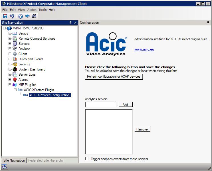 Illustration 21: ACIC Administration plugin interface In order to get the VMS cameras known by the plugin, it is just required to click on the Refresh configuration for ACAP devices button and save