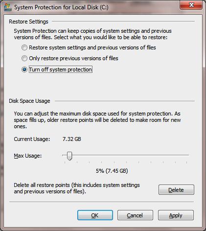 Select Turn off system protection Click apply, and OK to shut the System Protection window Click OK again to shut the System Properties window Reboot the computer Encrypting the System PageFile.