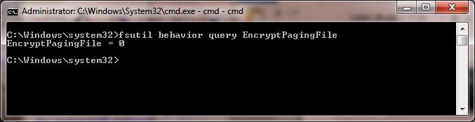 In the event you need to disable PageFile encryption type the following command: fsutil behavior set EncryptPagingFile 0 To verify configuration type the following command: fsutil behavior query