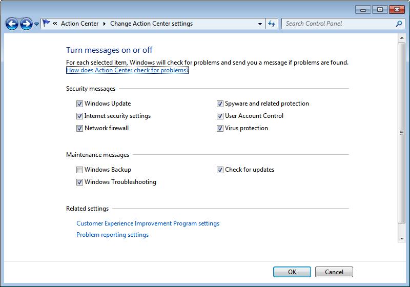 Select Change Action Center Settings Select