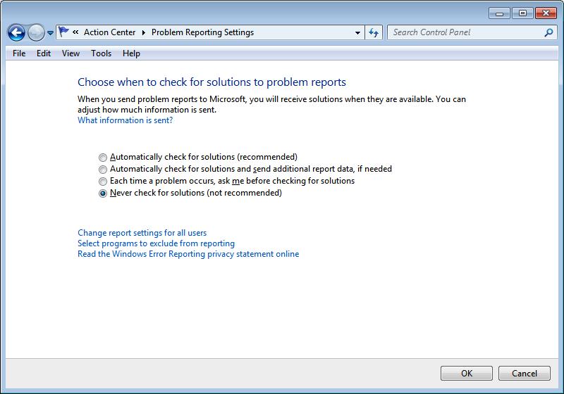Select Never Check for Solutions To Address Inadvertent Capture of PAN on Windows 8, 10, Server 2008 or 2012: Disable System Restore Windows 8, 10,