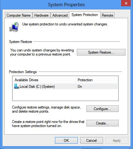 Select System Protection on the top left list, the following