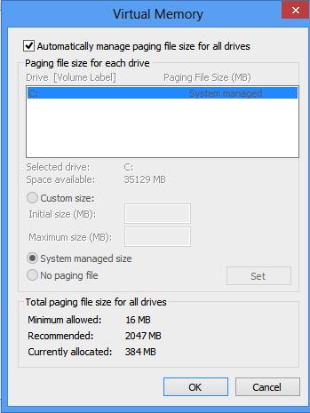 Uncheck Automatically manage page file size for all drives Select Custom Size Enter the following for the size selections: o Initial Size as a good rule of thumb, the size should be equivalent to the