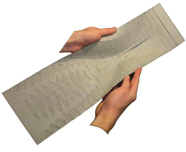 MANIPULATE MATERIAL QUALITIES TO ACHIEVE COMPLEX DOUBLE CURVATURE FROM PERFORATIONS IN A FLAT SHEET.