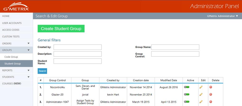 STUDENT GROUPS 1. Log in to the Administrator Panel and click Groups, then select Student Groups from the dropdown panel. 2. From this page, you can view, edit, and delete existing Student Groups.