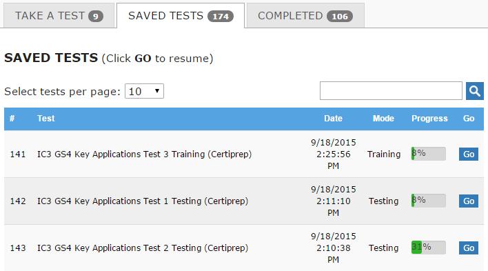 SAVED TESTS You can view your progress and resume your saved tests from the Student Portal 1. Log into www.gmetrix.net and click on the Tests tab at the top of the window. 2.
