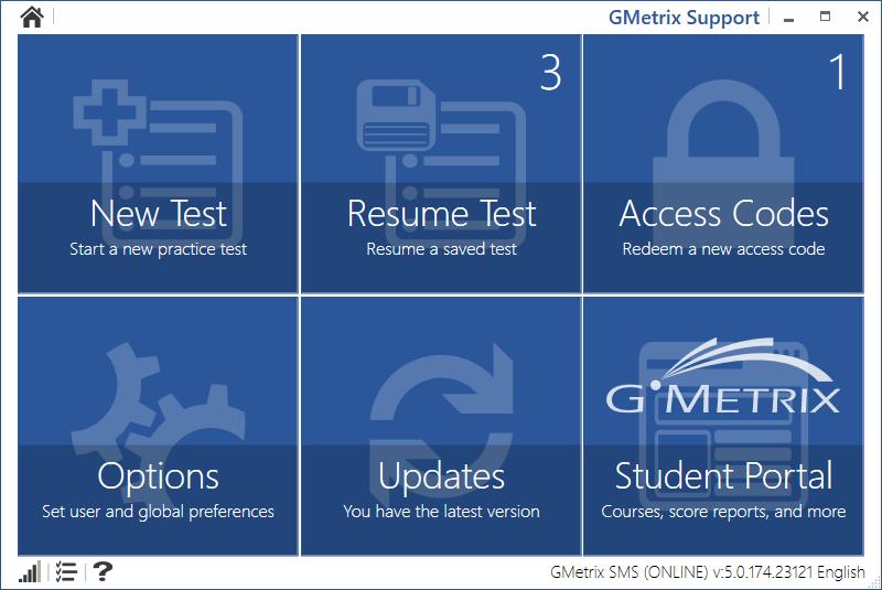 NAVIGATING THE HOME PAGE The GMetrix SMS Home Page consists of six large tiles which are used to navigate the software. New Test Select this tile to begin a new practice test.