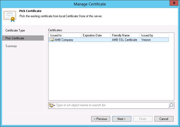 4. At the Certificate Store step of the wizard, select an SSL certificate that you want to use. You can select only certificates that contain both a public key and a private key.