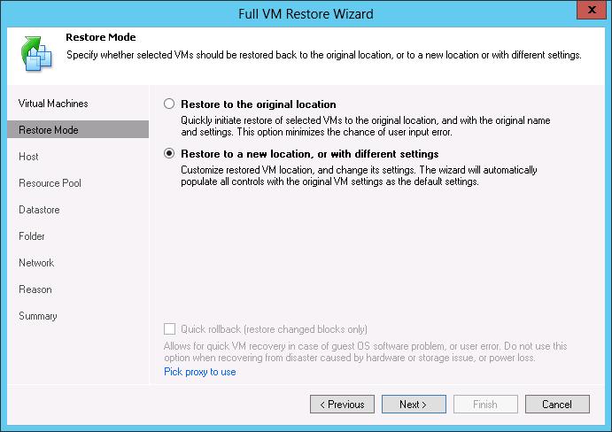 4. At the Restore Mode step of the wizard, choose to restore the VM to its original location or to a new location. 5.
