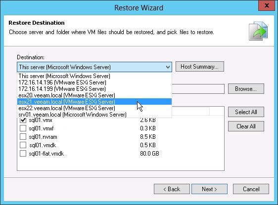 4. At the Restore Destination step of the wizard, select the server to which you want to restore the VM file(s). 5.