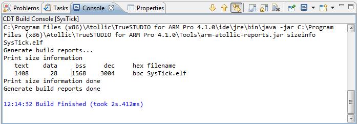 TrueSTUDIO toolchain UM1677 8. If your project is successfully compiled, the following messages will be displayed on the Console window. Figure 16.