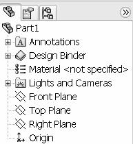 Click OK from the New SolidWorks Document dialog box. The Part FeatureManager is displayed. The Advanced mode remains selected for all new documents in the current SolidWorks session.