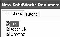The Templates tab corresponds to the default SolidWorks templates. The Tutorial tab corresponds to the templates utilized in the SolidWorks Tutorials.