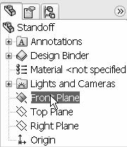 The Reference Triad aids you to display how the view orientation is displayed relative to the Front Plane. Create a 2D Sketch. 14. Click Front Plane from the FeatureManager design tree.