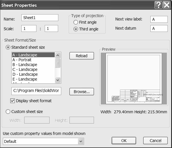 The sheet border defines the drawing size, 11 8.5 or (279.4mm 215.9mm). The Drawings toolbar is displayed in the CommandManager. Set the Document Properties. 11. Click Options from the Standards toolbar.