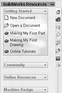 SolidWorks Resources Utilize the left/right arrows to expand or collapse the Task Pane options.