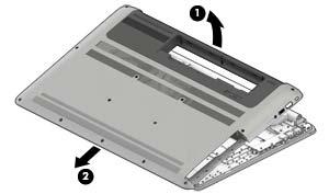 3. Remove the bottom cover by working your way around to disengage bottom cover near the battery bay (1) and then