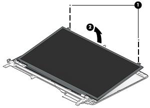 b. Rotate the display panel out of the enclosure (2) to gain access to the display ca