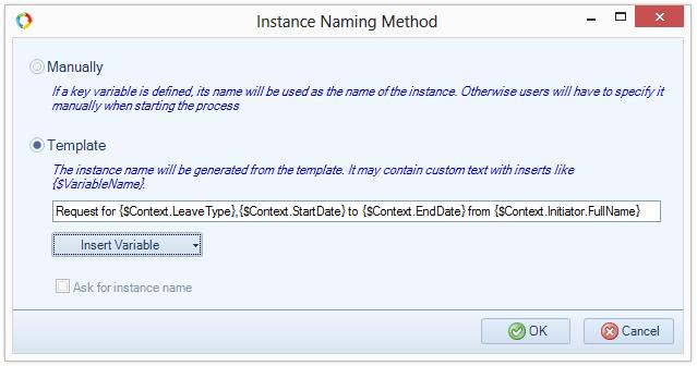 Fig. 124. Selecting naming method for the Leave Request process instances To save and apply the changes, save and publish the process.