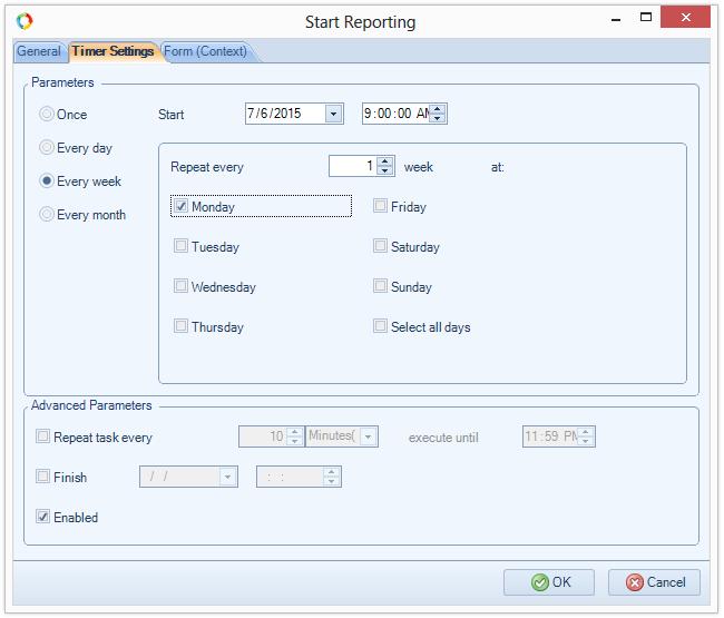 Fig. 135. Configuring the start event. The Timer Settings tab In the Start field, specify the next Monday, select Eevery week Repeat every Monday. To confirm settings click OK.